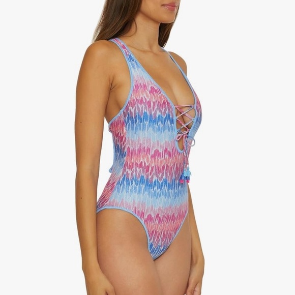 New BECCA Women’s Joshua Tree One Piece Swimsuit Plunge Neck Corset Size Large - Picture 3 of 9